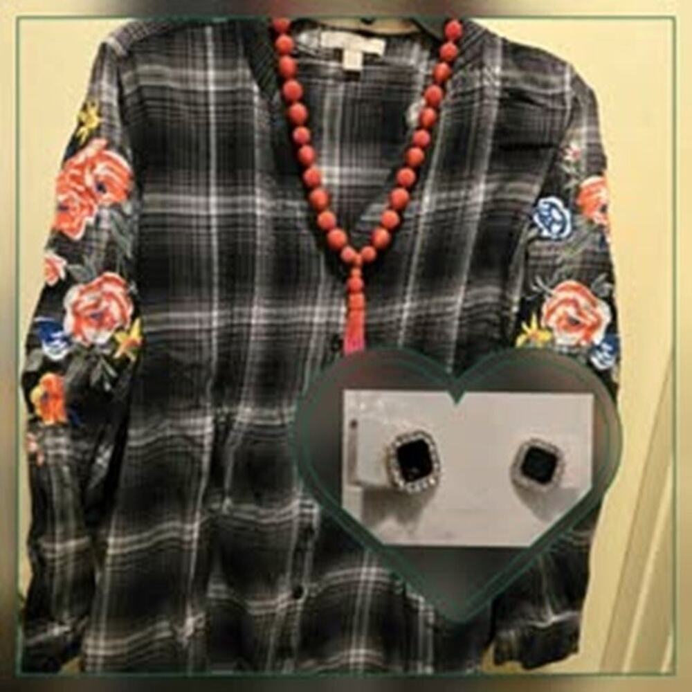 Woman Within Sz L Black Plaid Button-Up Shirt & FREE Black Square Stud Earrings